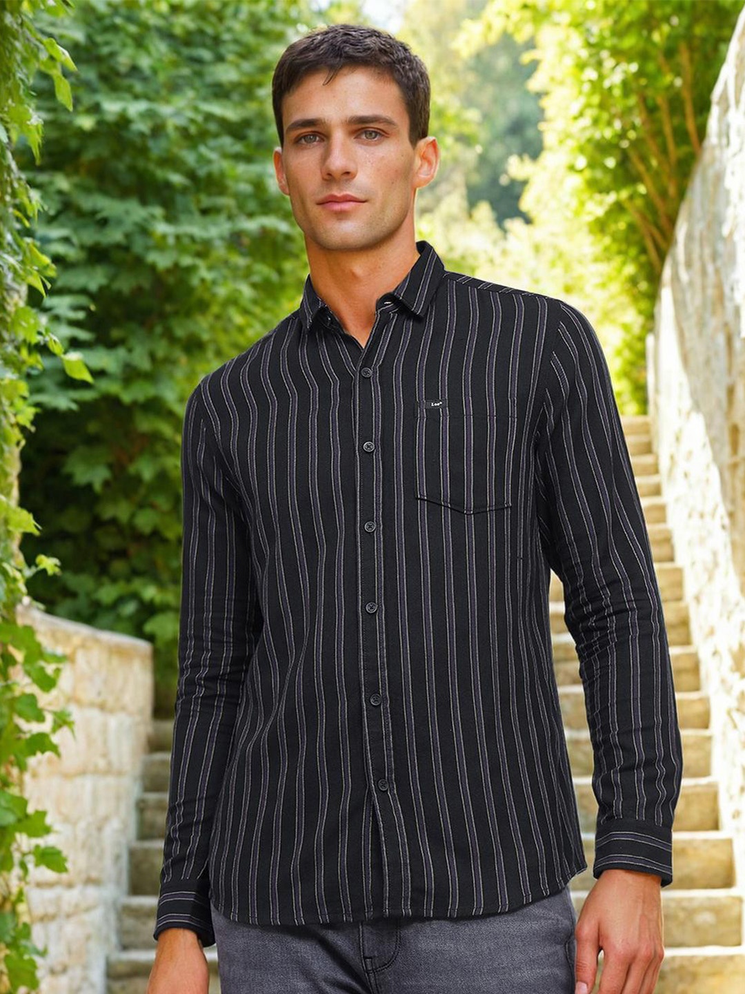 

Lee Slim Fit Striped Twill Pure Cotton Casual Shirt, Black