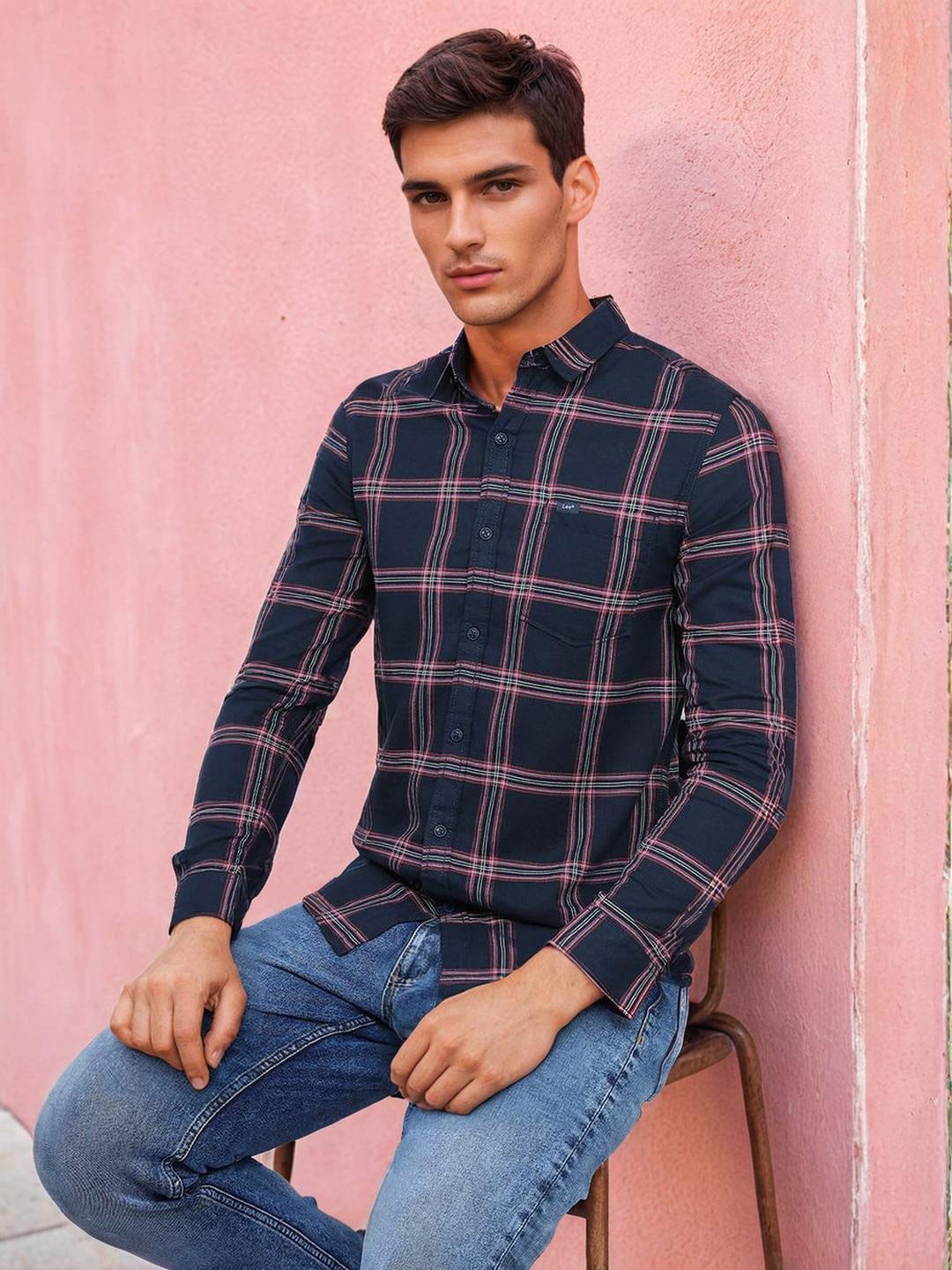 

Lee Tartan Checked Slim Fit Opaque Cotton Casual Shirt, Blue