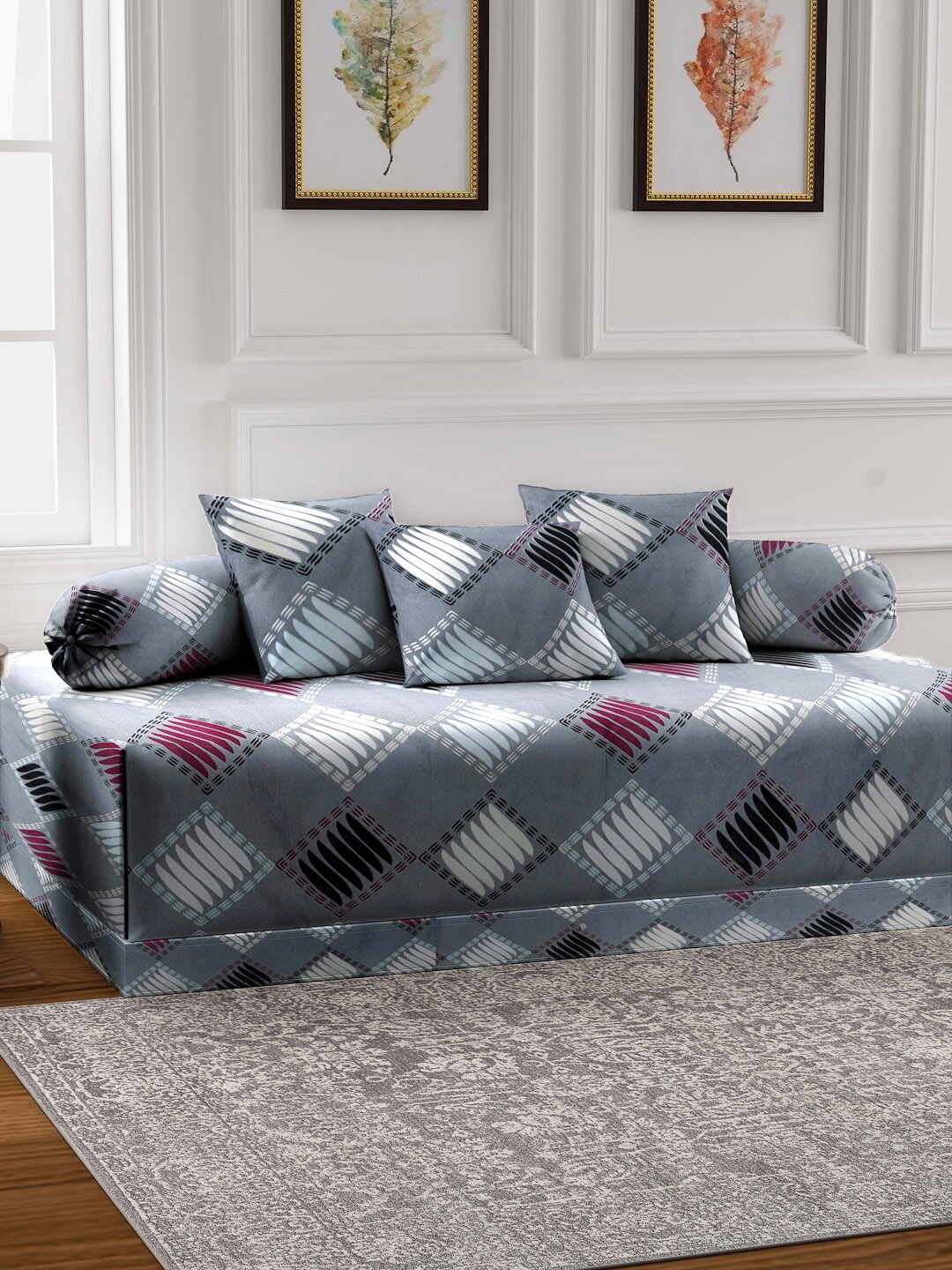 FABINALIV Grey & Magenta 6 Pieces Geometric Printed 300 TC Diwan Set