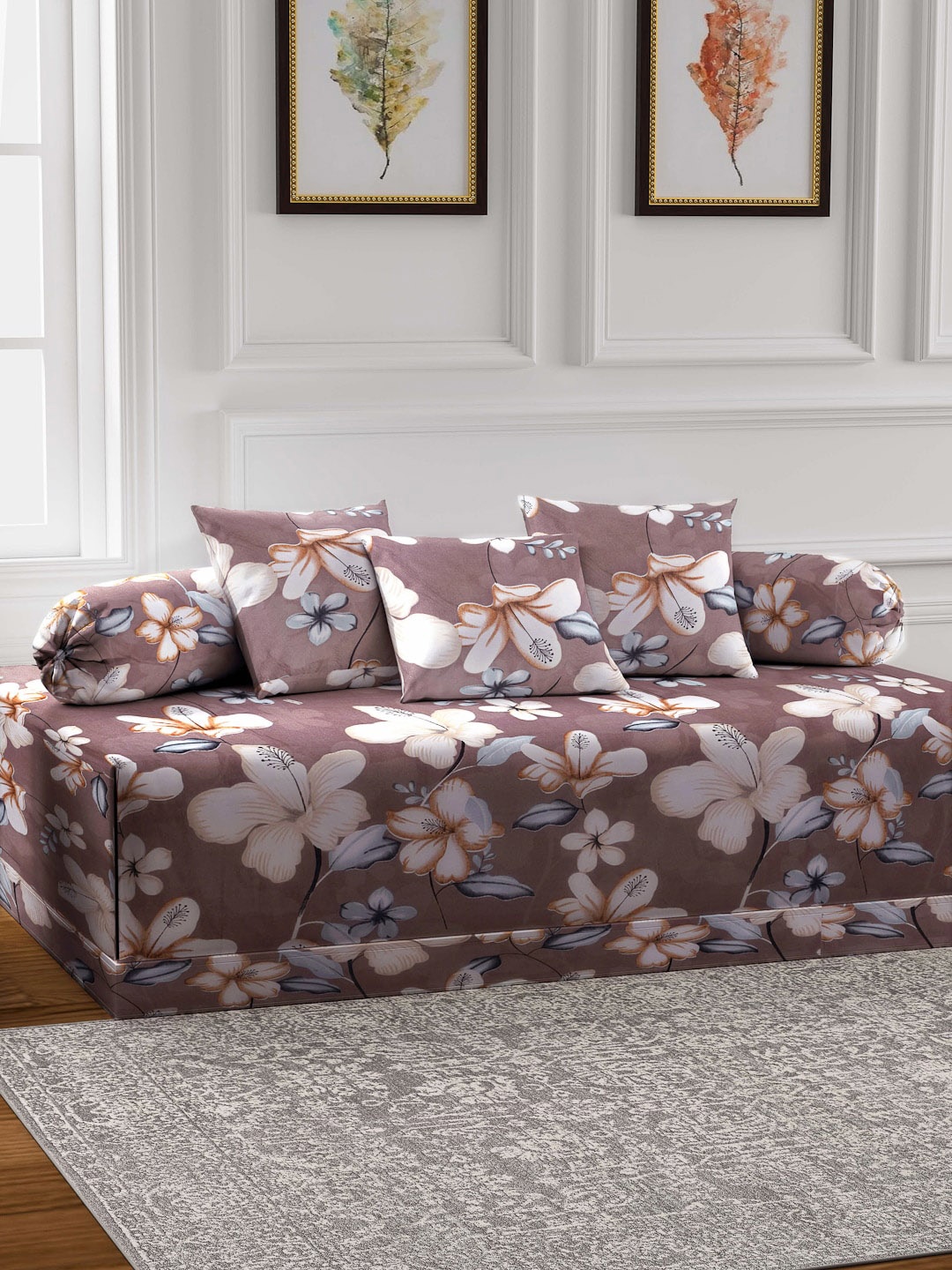 FABINALIV Brown 6 Pieces Floral Printed Diwan Set