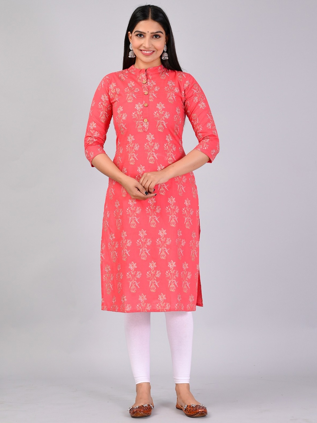 

MAUKA Floral Printed Mandarin Collar Straight Kurta, Pink