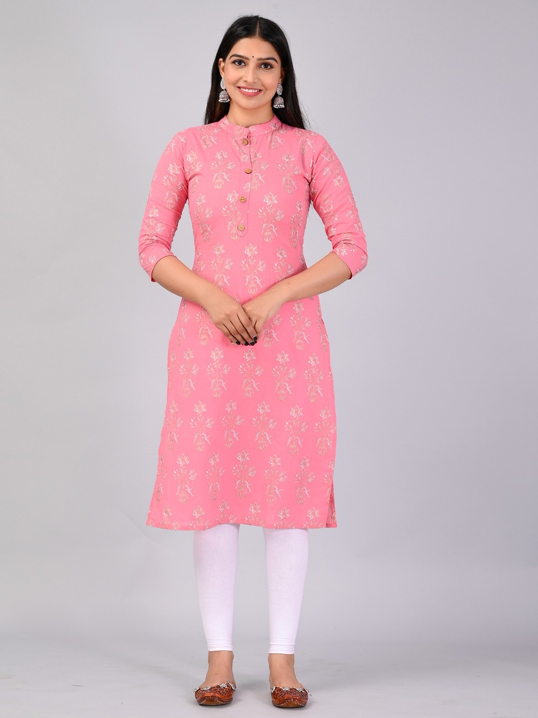

MAUKA Floral Printed Mandarin Collar Straight Kurta, Pink
