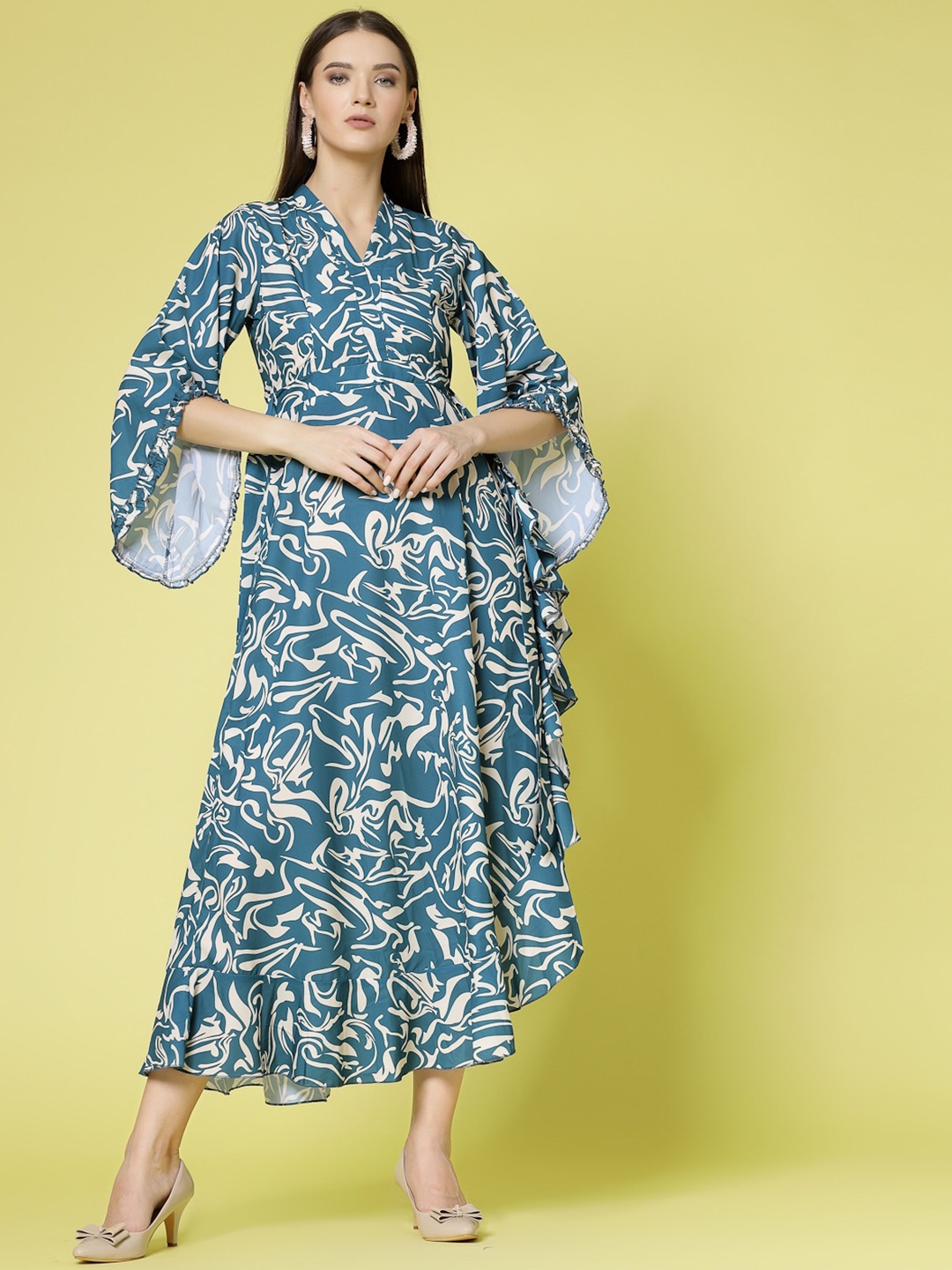 

Kook N Keech Teal Floral Printed Slit Sleeve Tiered Ruffled Fit & Flare Midi Dress
