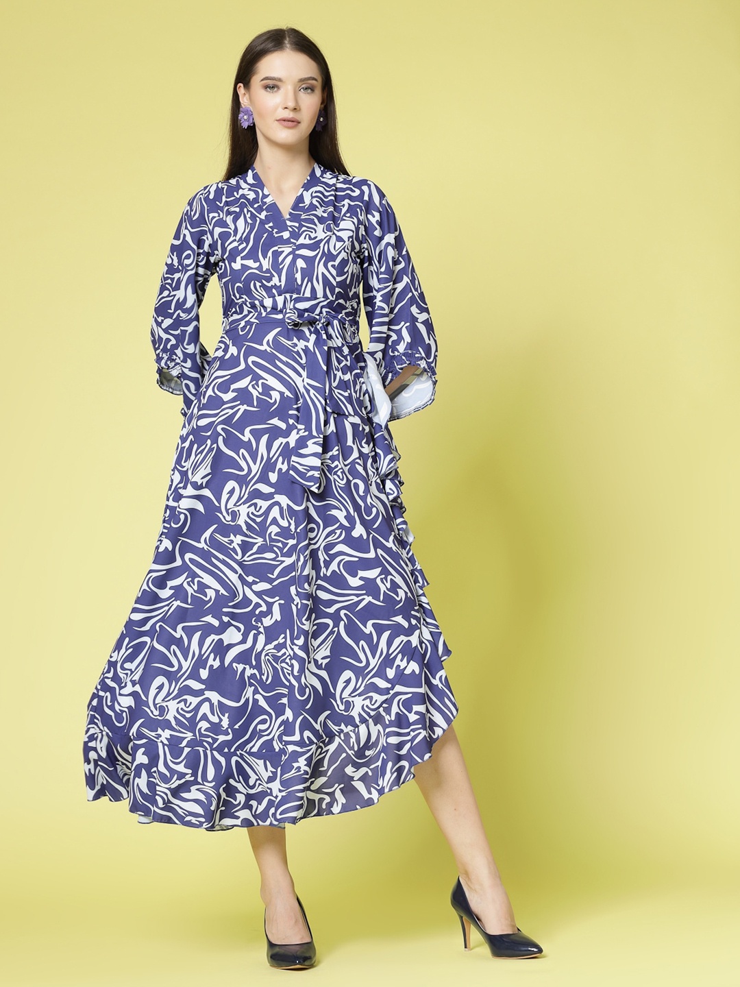 

Kook N Keech Blue Floral Printed Slit Sleeve Ruffled Fit & Flare Midi Dress