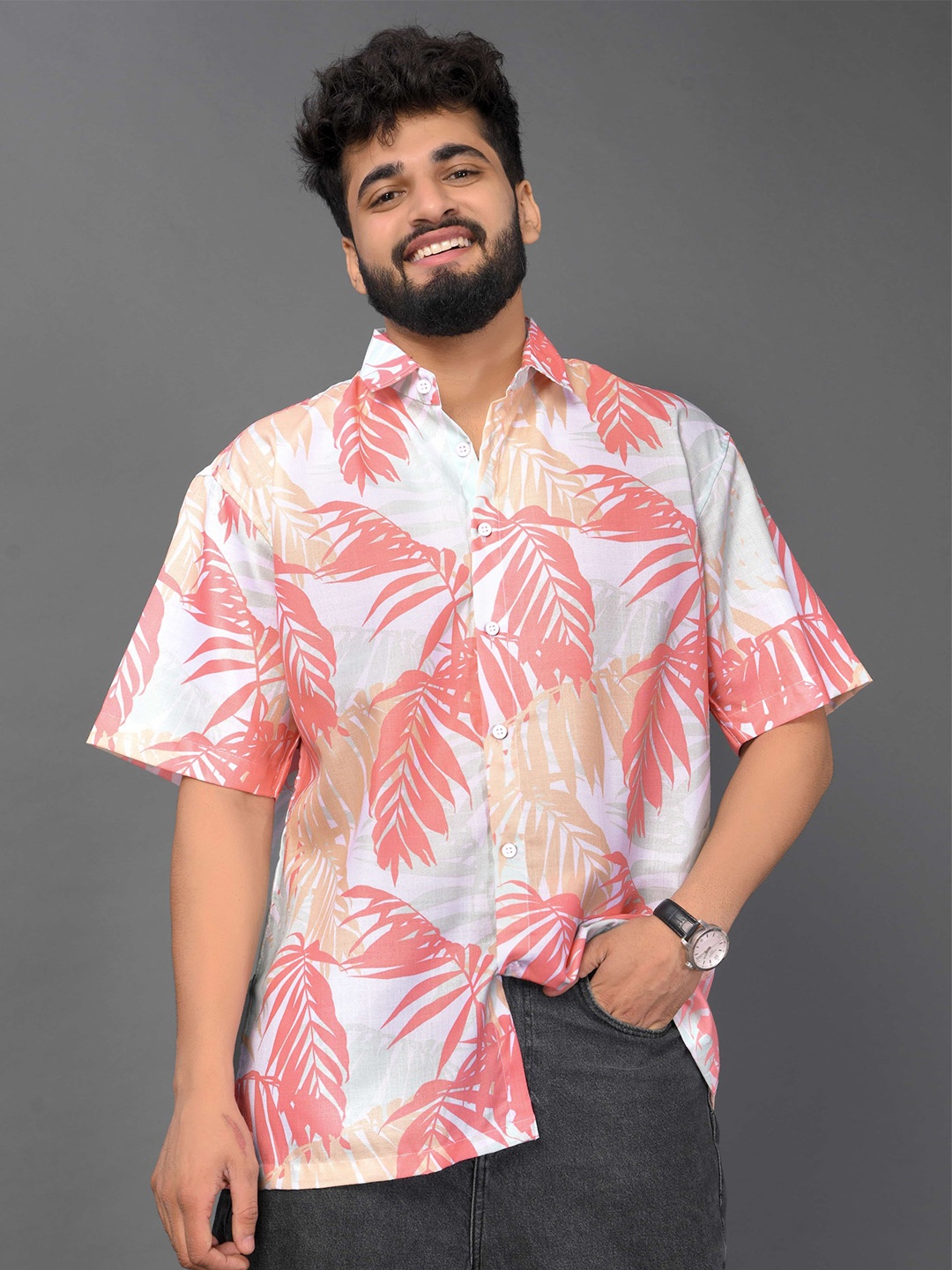 

BROWN BROTHERS Relaxed Tropical Printed Casual Shirt, Pink