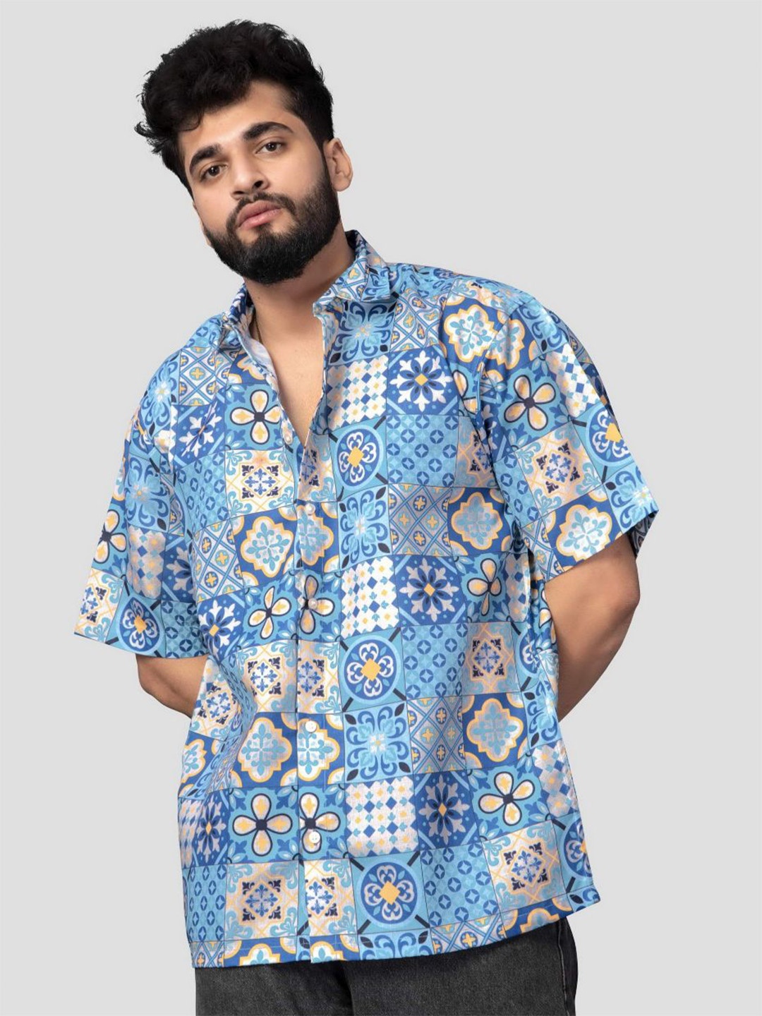 

BROWN BROTHERS Relaxed Floral Printed Oversized Casual Shirt, Blue