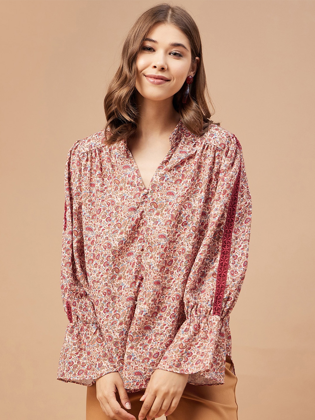 

Gipsy Printed Bishop Sleeves Shirt Style Top, Beige