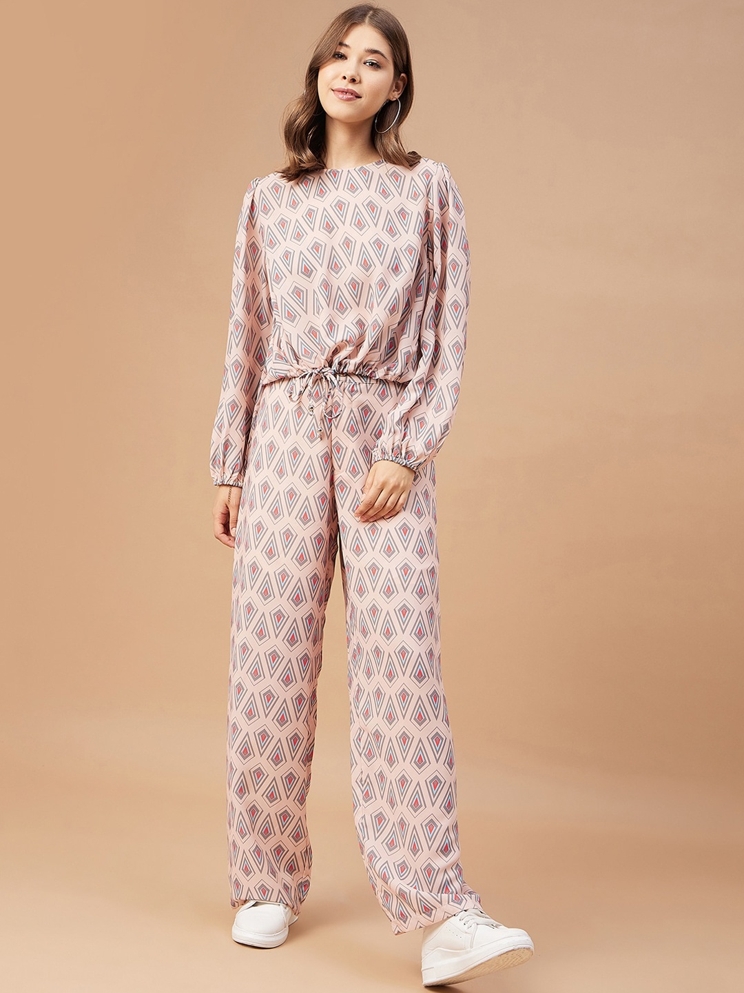 

Gipsy Geometric Printed Georgette Top With Trousers, Pink