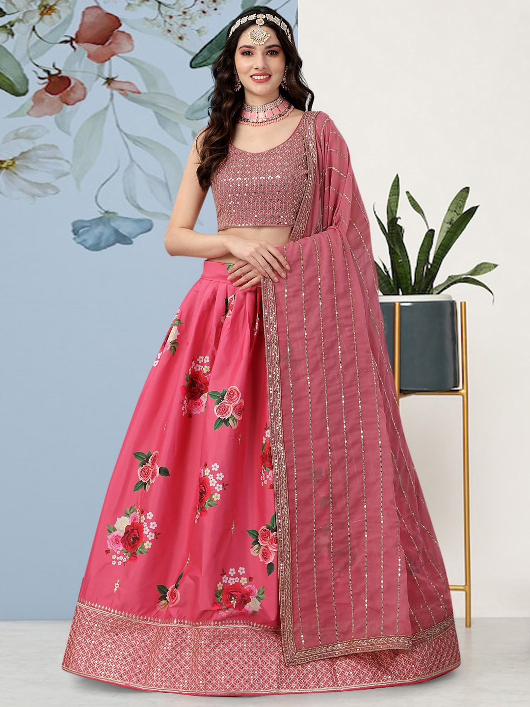 

Angroop Embellished Semi-Stitched Lehenga & Unstitched Blouse With Dupatta, Pink