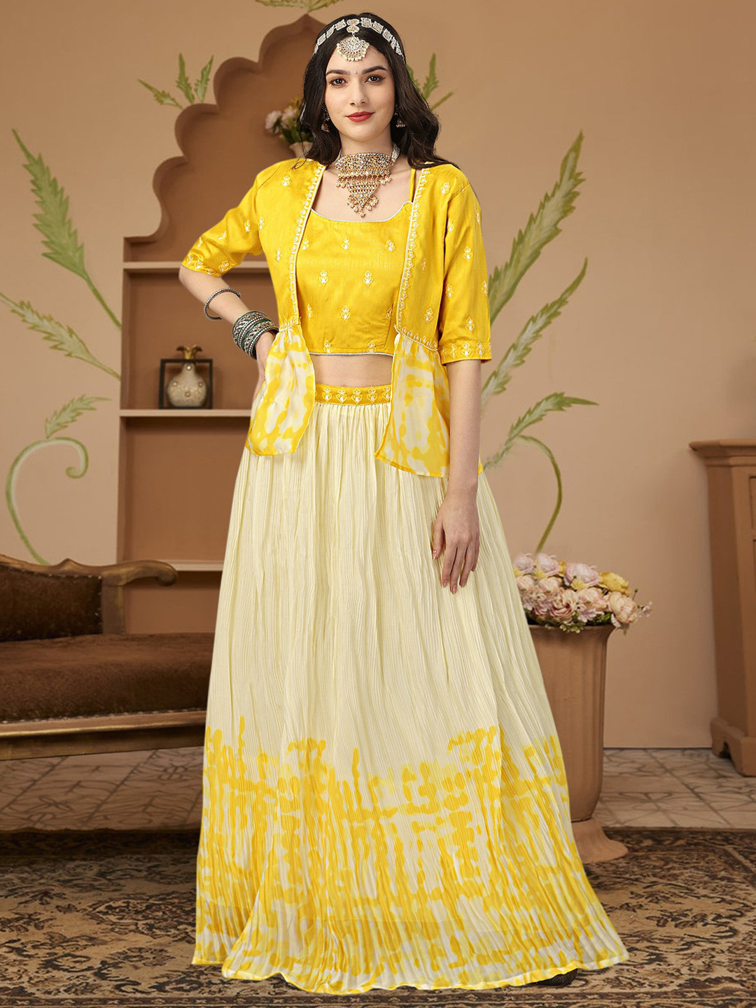 

Angroop Embroidered Thread Work Ready to Wear Lehenga & Blouse With Dupatta, Yellow