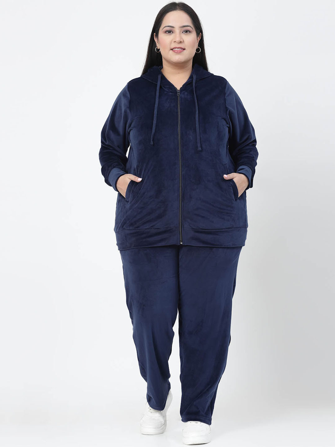 

plusS Plus Size Navy Blue Hooded Mid Rise Velour Tracksuits