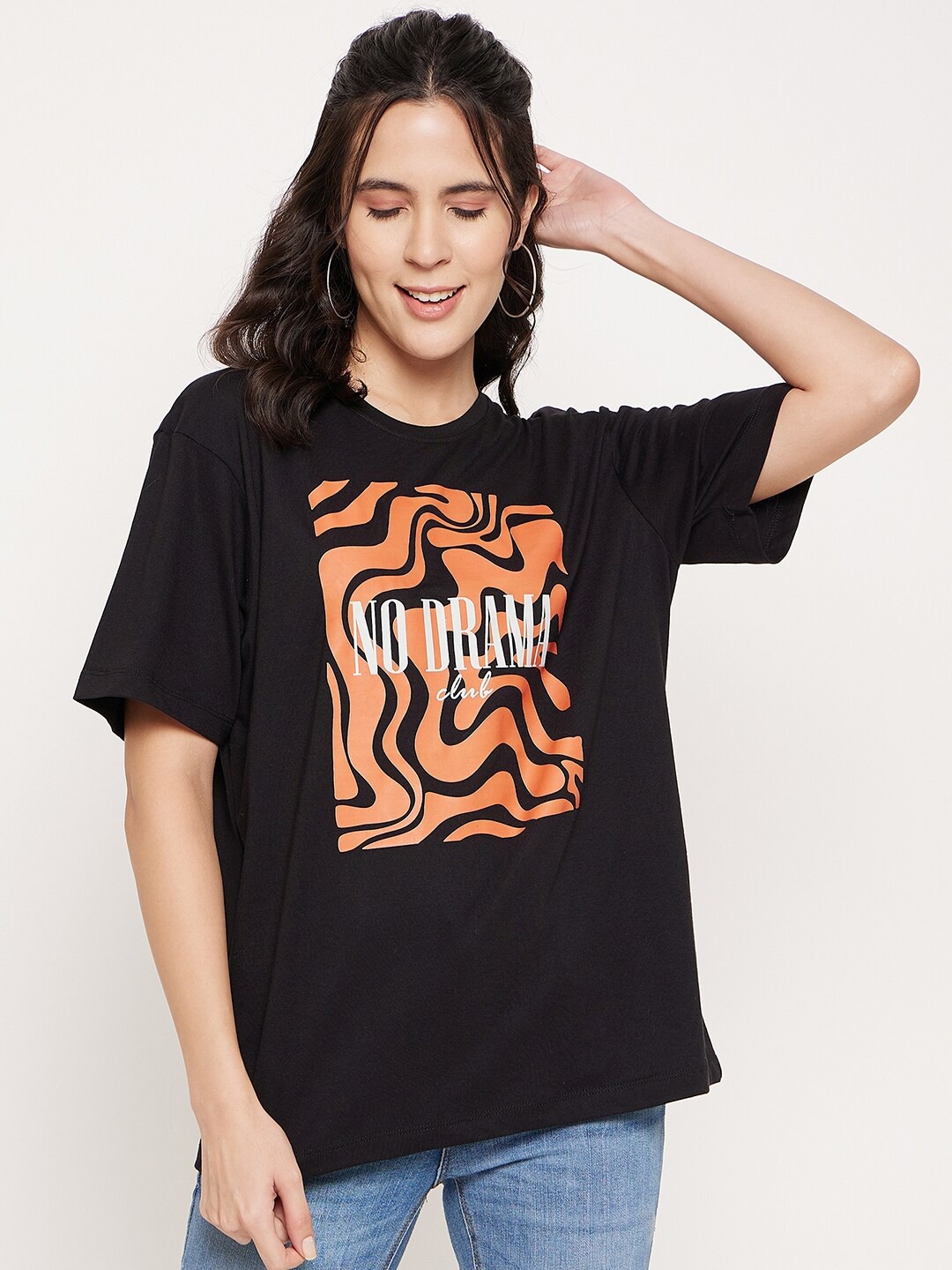 

Mast & Harbour Typography Printed Drop shoulder Sleeves Oversized Pure Cotton T-shirt, Black