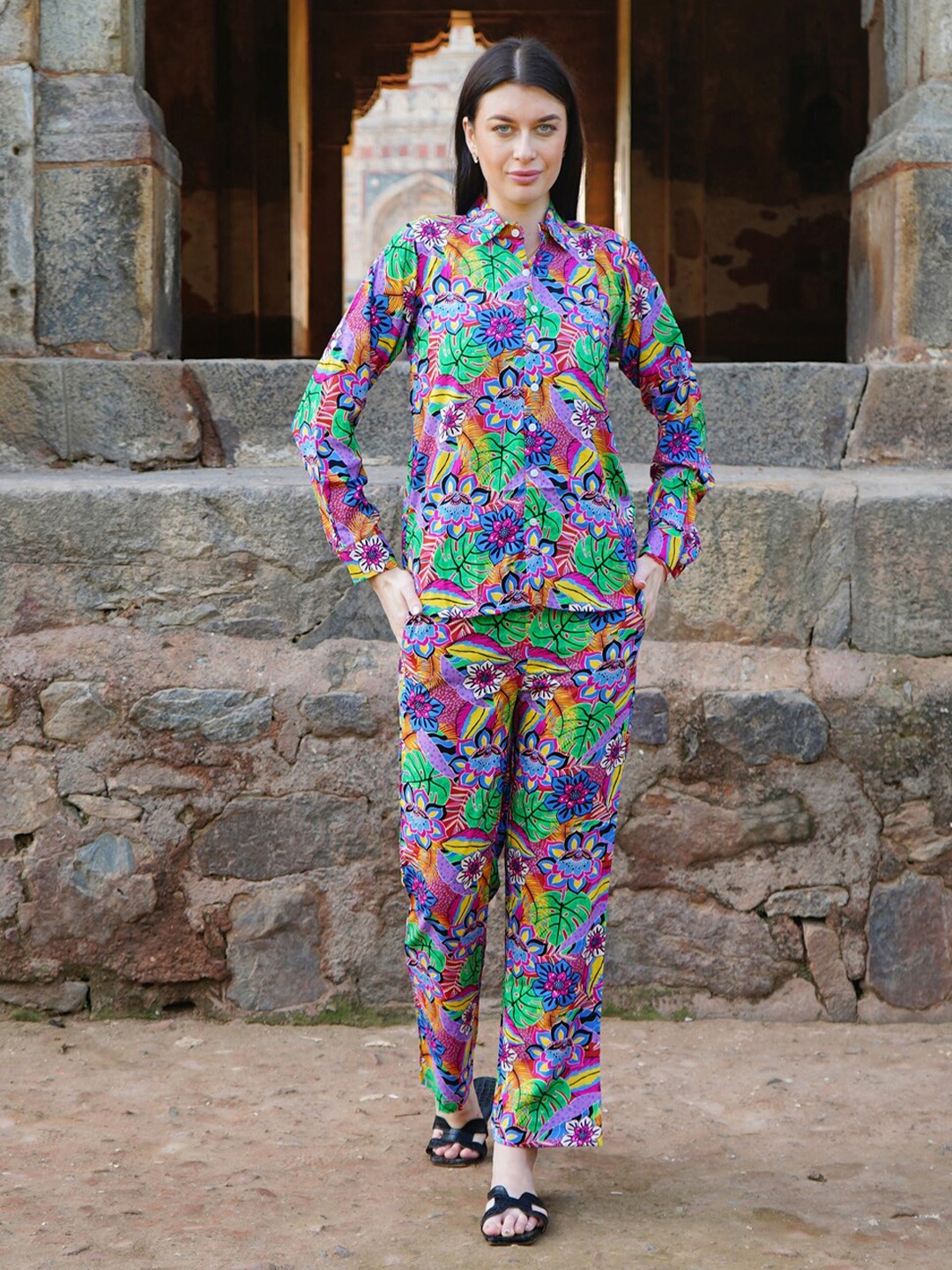 

Rajoria Instyle Floral Printed Shirt Collar Pure Cotton Shirt & Trousers, Purple