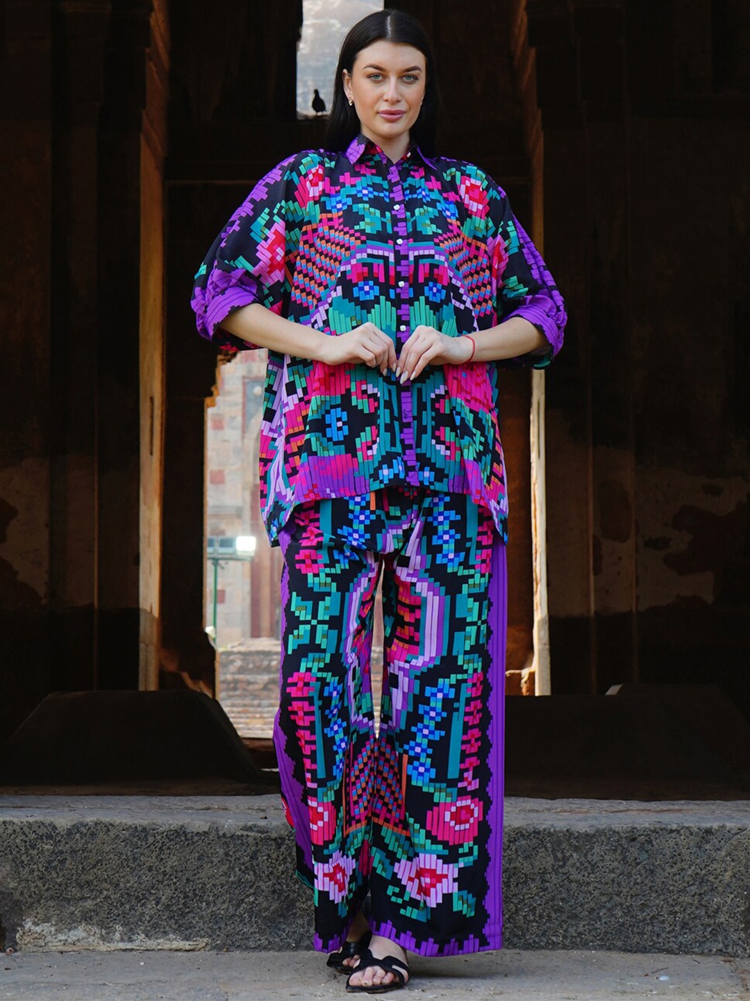 

Rajoria Instyle Geometric Printed Shirt Collar Shirt & Trousers Co-Ords Set, Purple