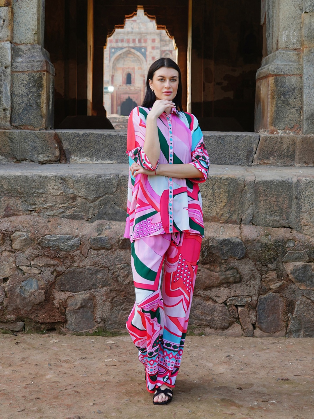 

Rajoria Instyle Abstract Printed Shirt Collar Shirt & Trousers Co-Ords Set, Pink