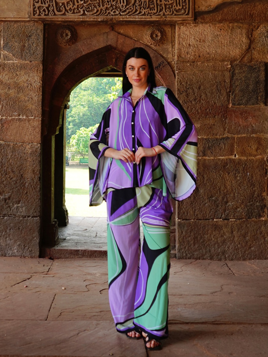

Rajoria Instyle Abstract Printed Shirt Collar Shirt & Trousers Co-Ords Set, Purple