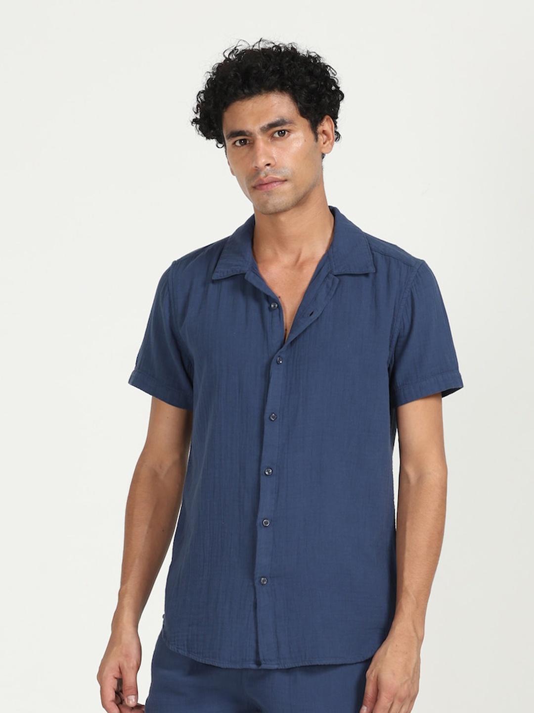 

POE Cuban Collar Smart Slim Fit Casual Shirt, Navy blue