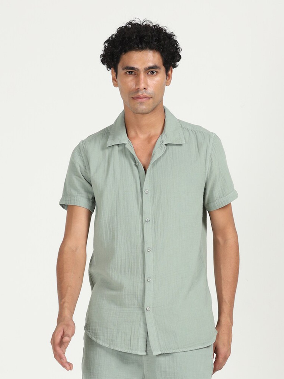 

POE Cuban Collar Smart Slim Fit Pure Cotton Casual Shirt, Sea green