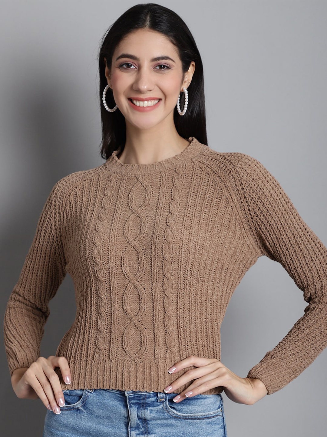 

GRACIT Cable Knit Woollen Pullover Sweater, Brown