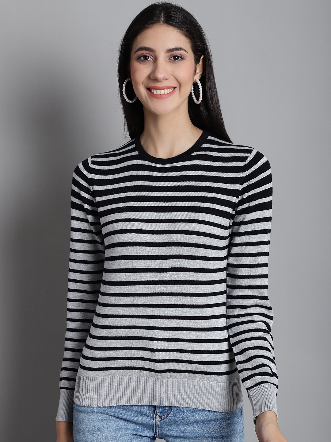 

GRACIT Striped Acrylic Pullover, Black