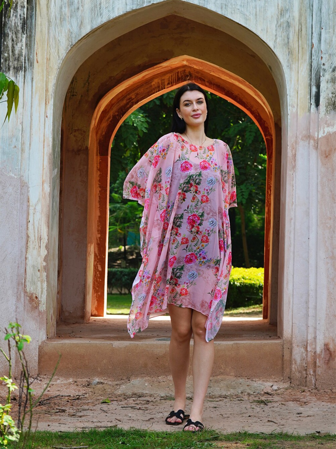 Rajoria Instyle Floral Printed Georgette Kaftan Dress, Pink