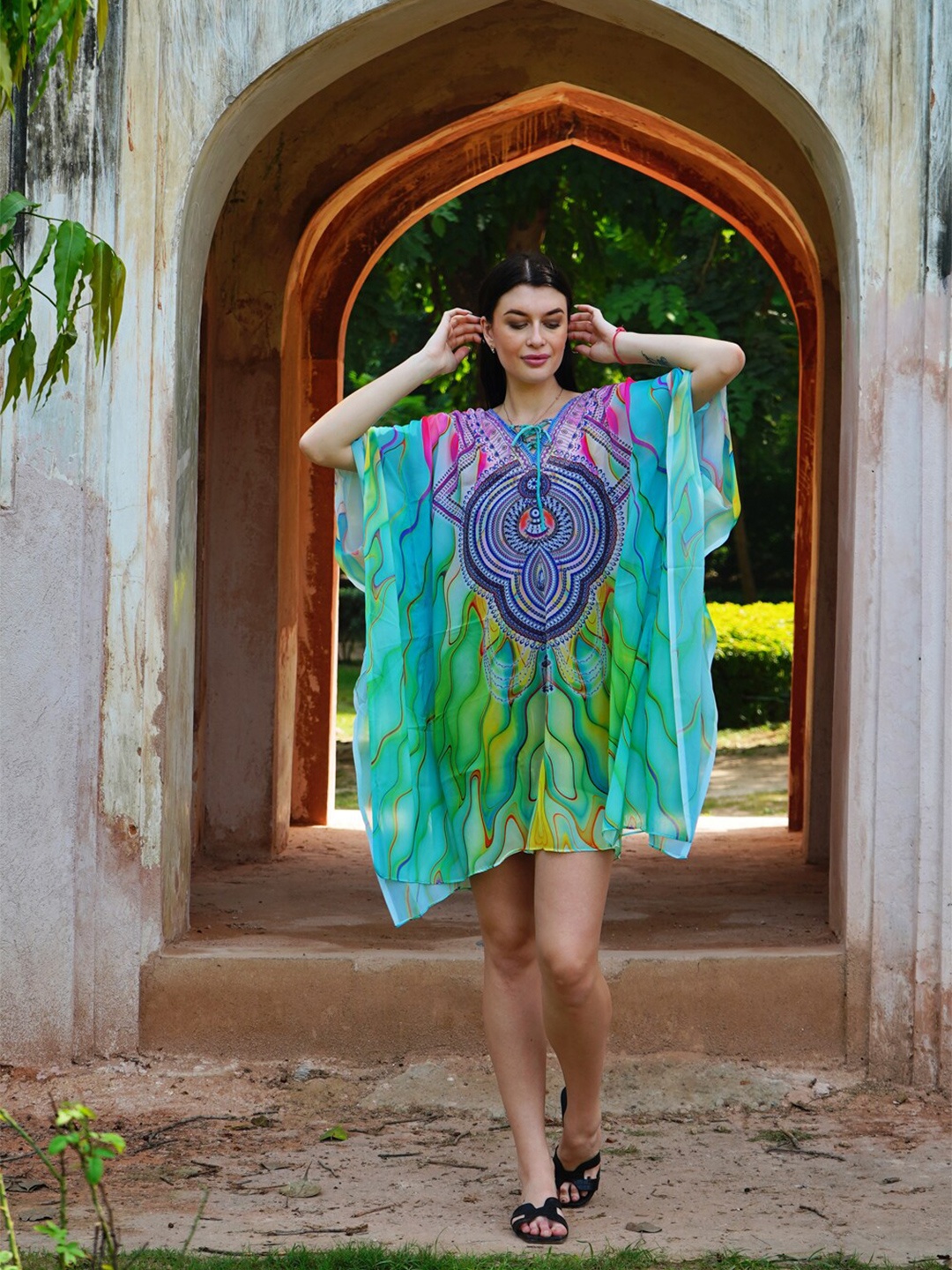 

Rajoria Instyle Abstract Printed Swimwear Cover up Top, Turquoise blue