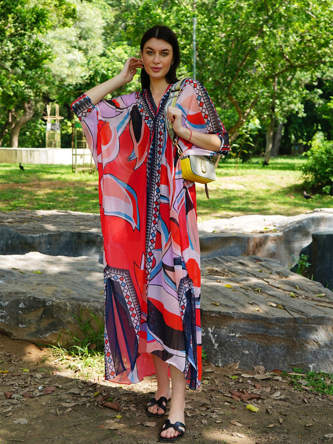 

Rajoria Instyle Abstract Printed Georgette Kaftan Dress, Red