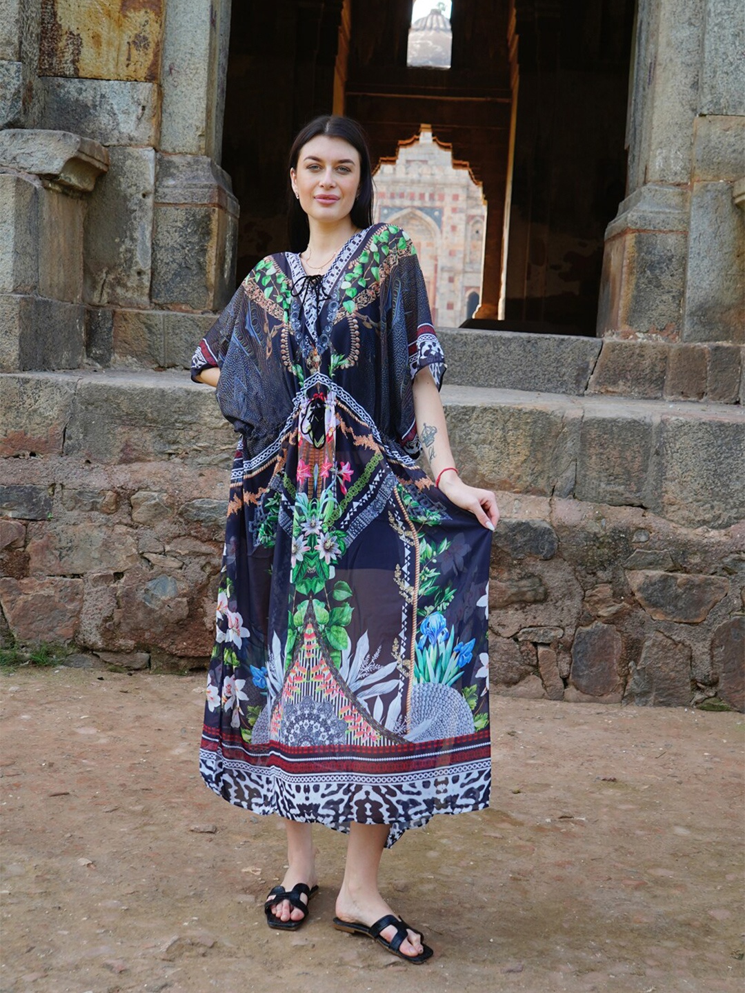 

Rajoria Instyle Floral Printed Georgette Kaftan Dress, Navy blue