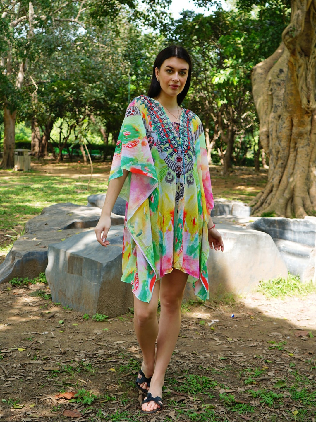

Rajoria Instyle Abstract Printed Georgette Kaftan Dress, Yellow