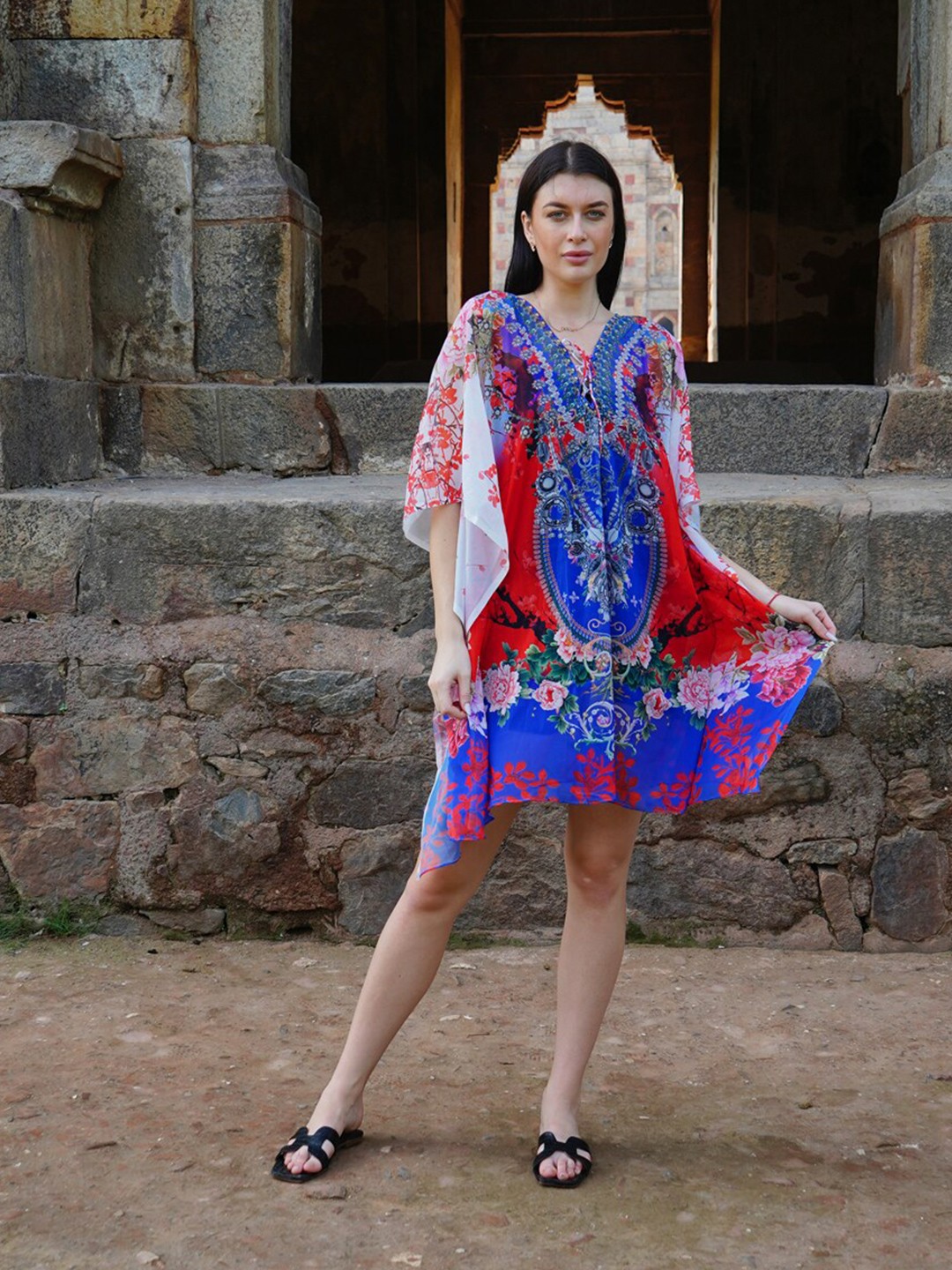 

Rajoria Instyle Floral Printed V-Neck Swimwear Cover up Top, Red