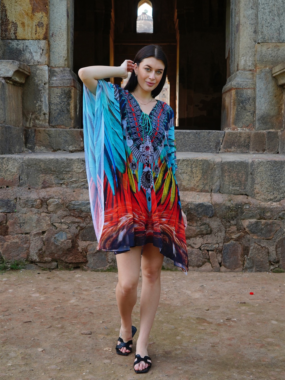 

Rajoria Instyle Graphic Printed V-Neck Georgette Kaftan Mini Dress, Turquoise blue