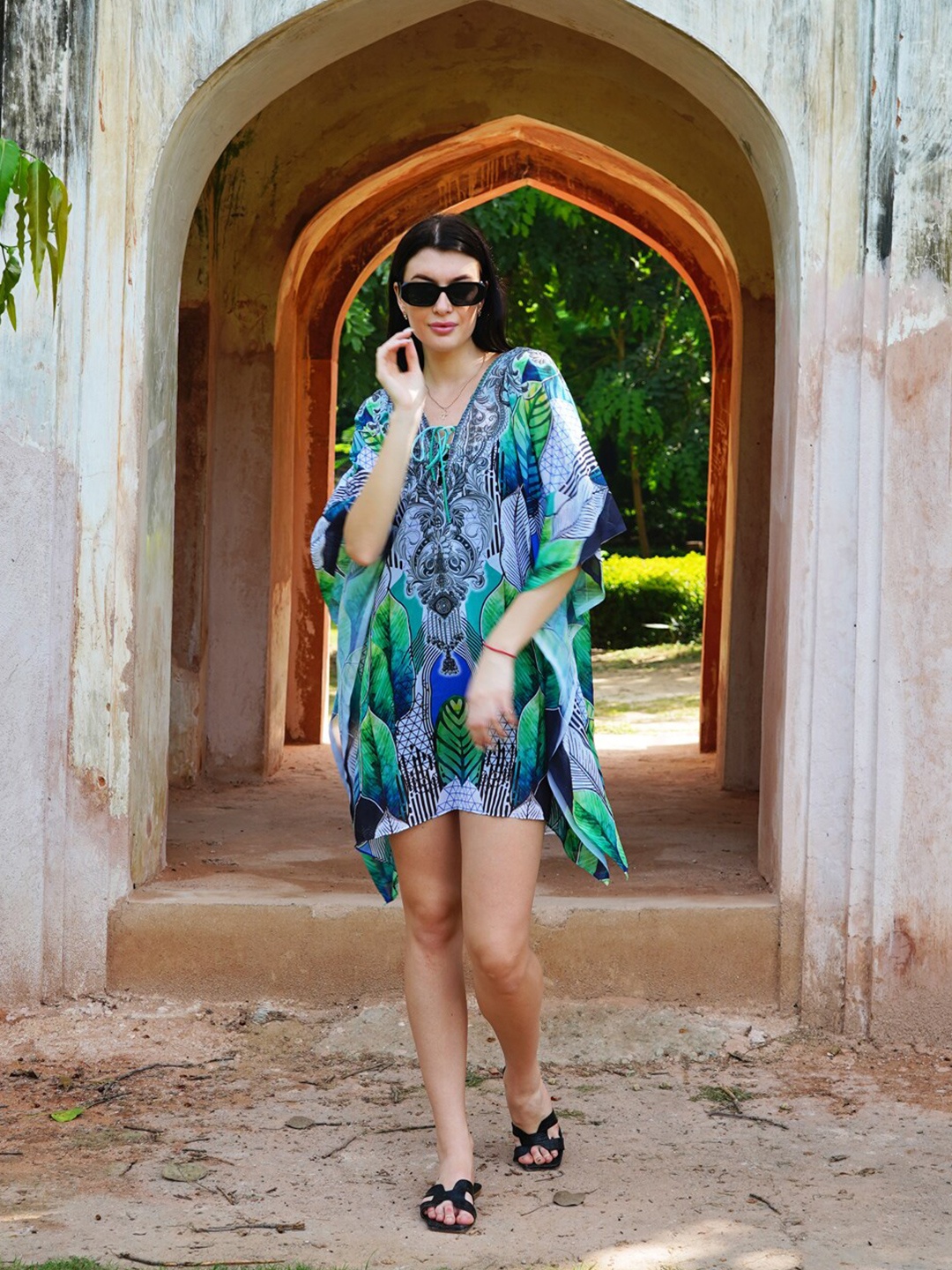 Rajoria Instyle Tropical Printed V-Neck Swimwear Cover up Top, Blue