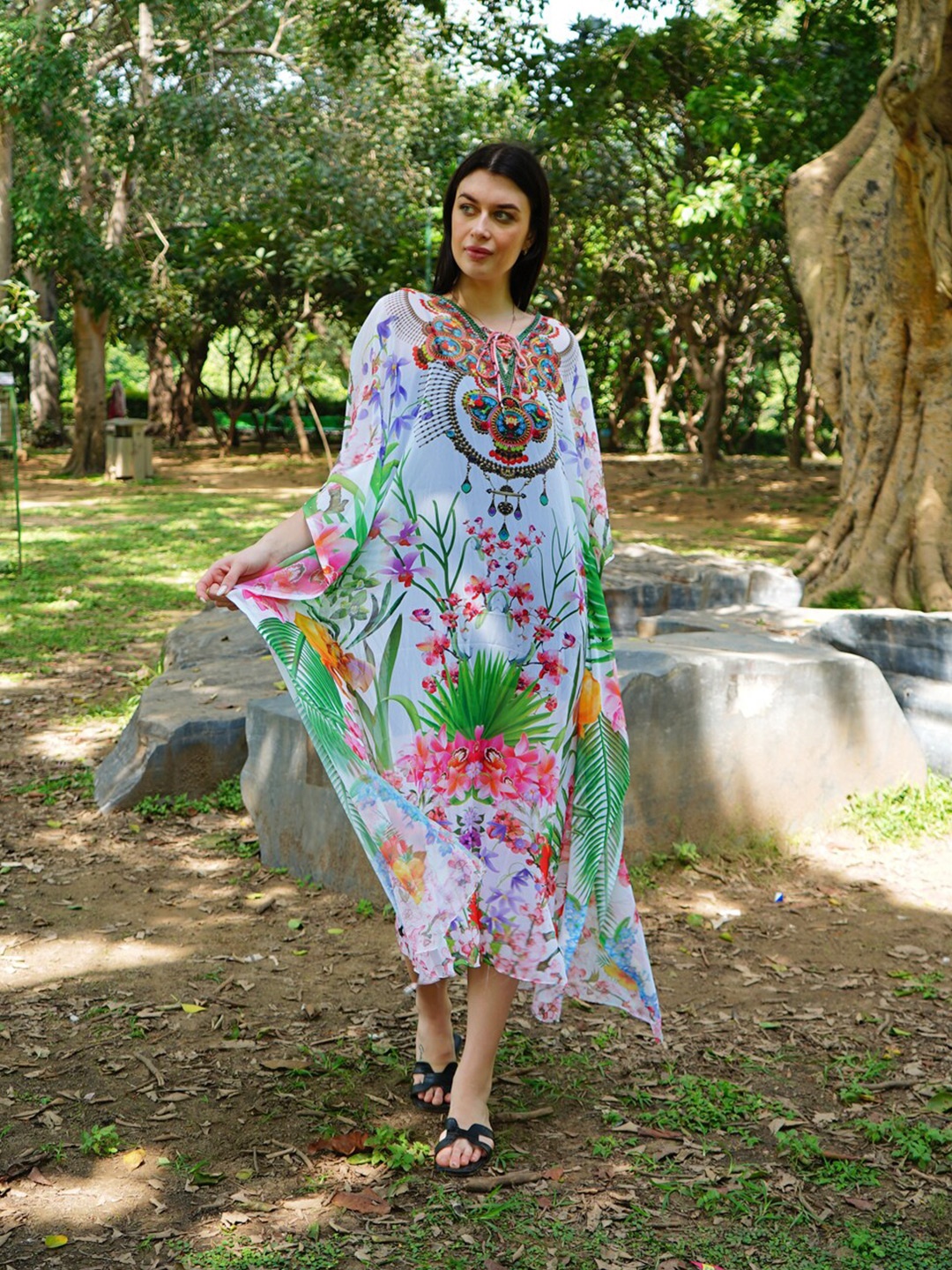 

Rajoria Instyle Floral Printed Georgette Kaftan Dress, White