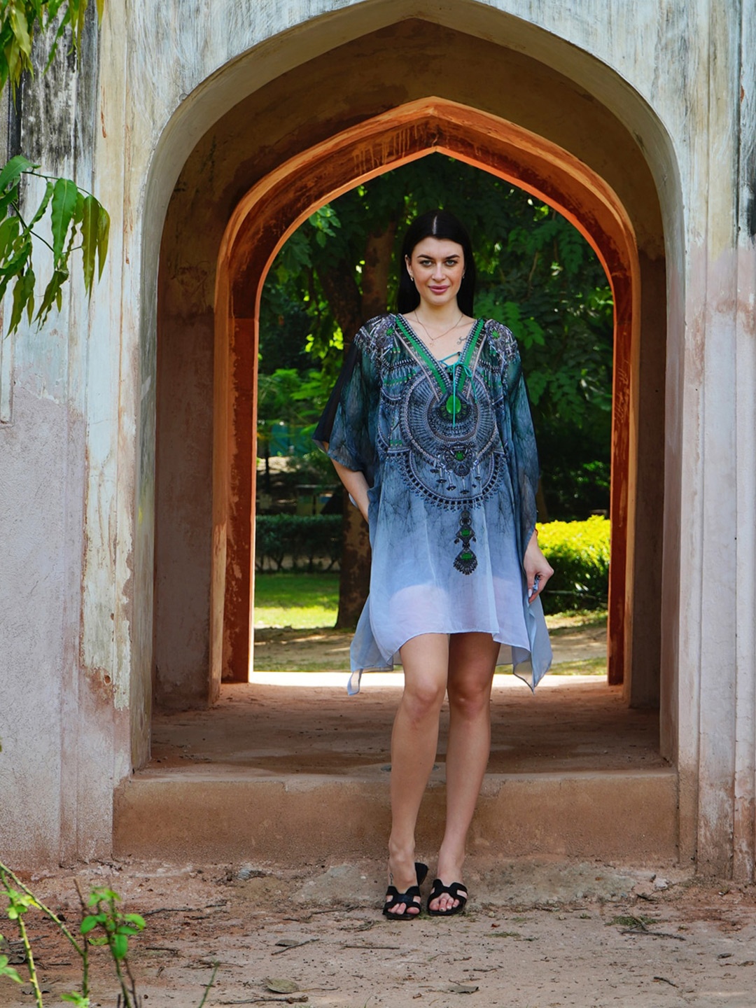 

Rajoria Instyle Graphic Printed V-Neck Georgette Kaftan Mini Dress, Grey