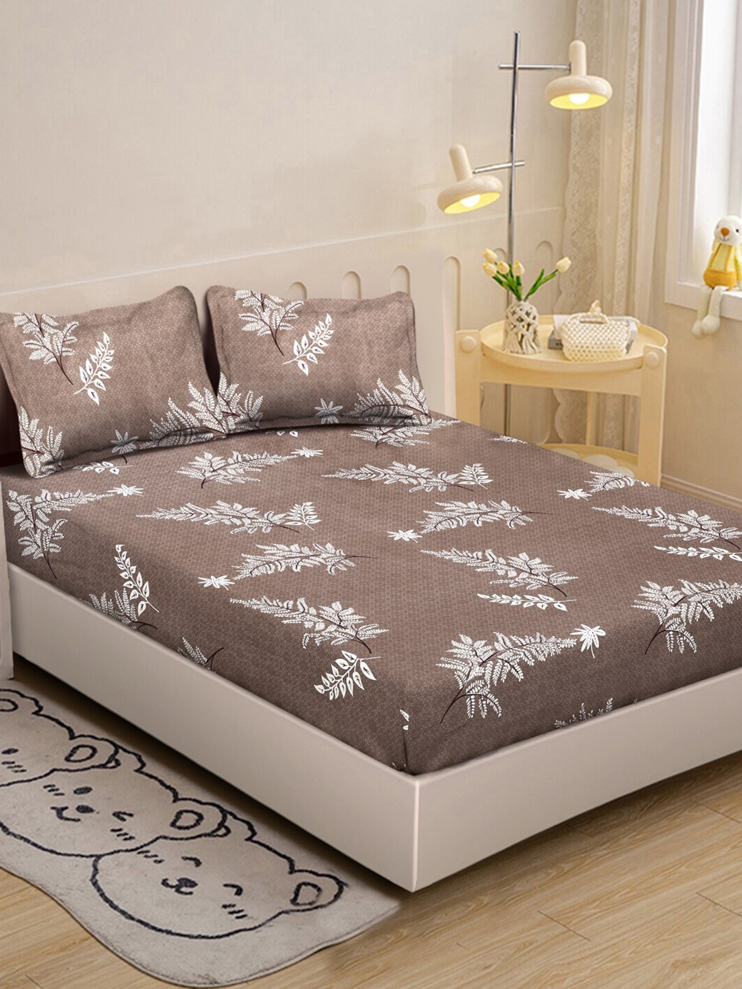 

KLOTTHE Brown Floral Printed 300 TC Fitted Single Bedsheet With 2 Pillow Covers