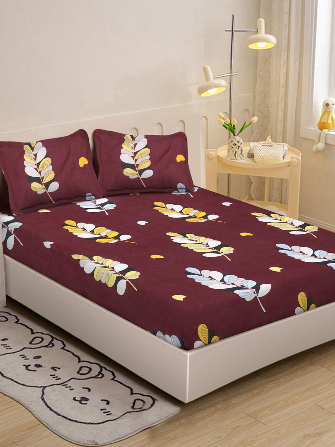 

KLOTTHE Maroon Printed 300 TC Single Fitted Bedsheet with 2 Pillow Covers