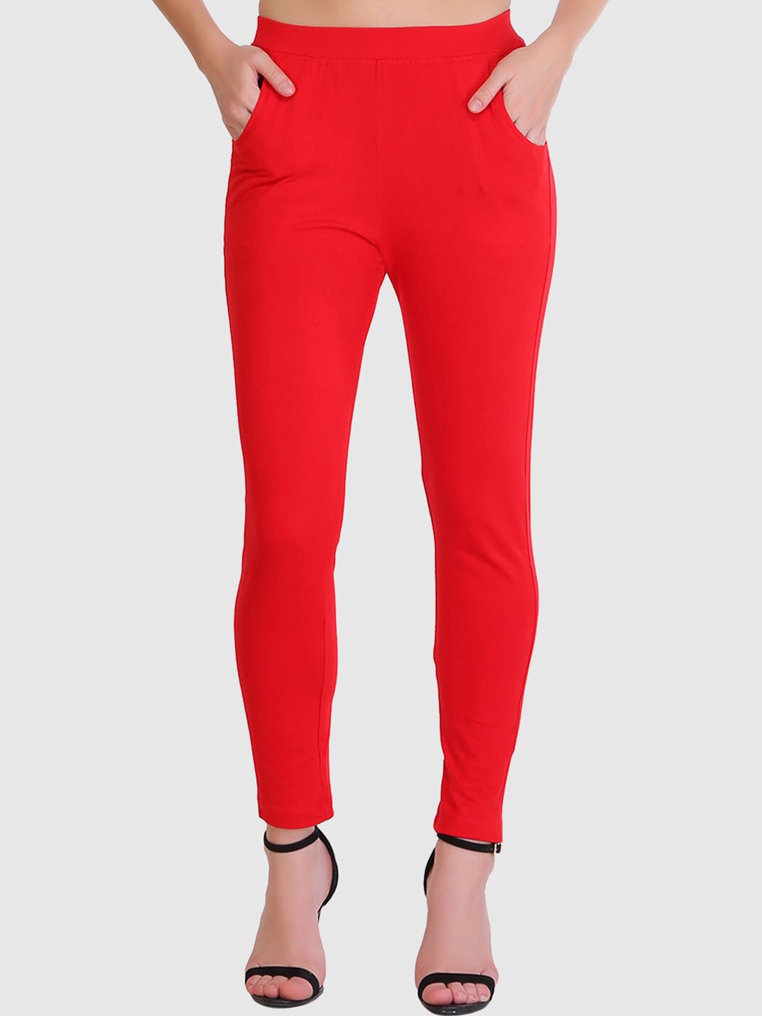 

SAUNDARYA Stretch-Fit Ankle-Length Cotton Leggings, Red