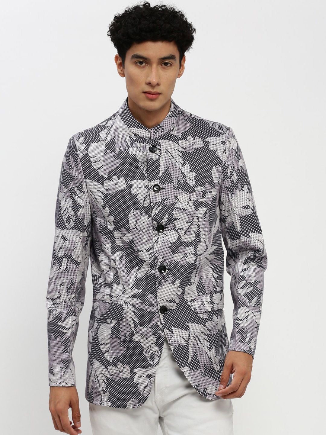 

SHOWOFF Printed Bandhgala Slim Fit Blazer, Grey