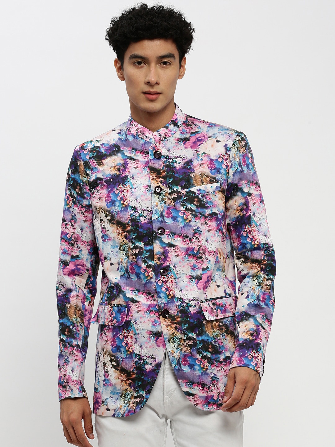 

SHOWOFF Floral Printed Bandhgala Slim Fit Blazer, Pink