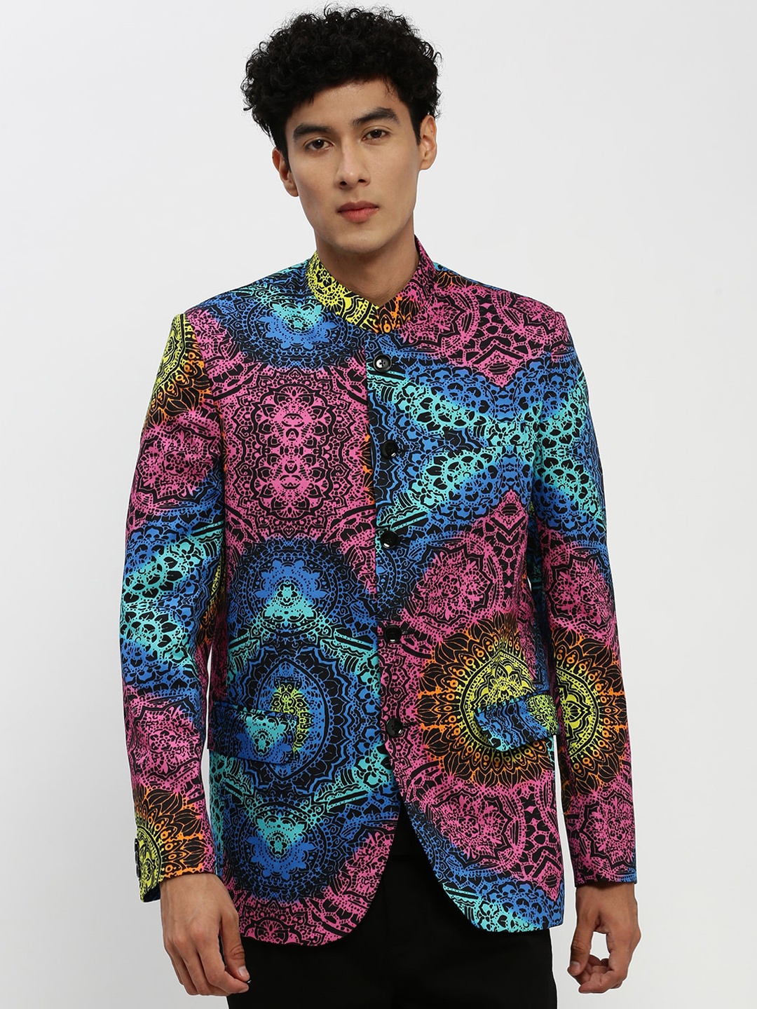 

SHOWOFF Printed Bandhgala Slim Fit Blazer, Pink