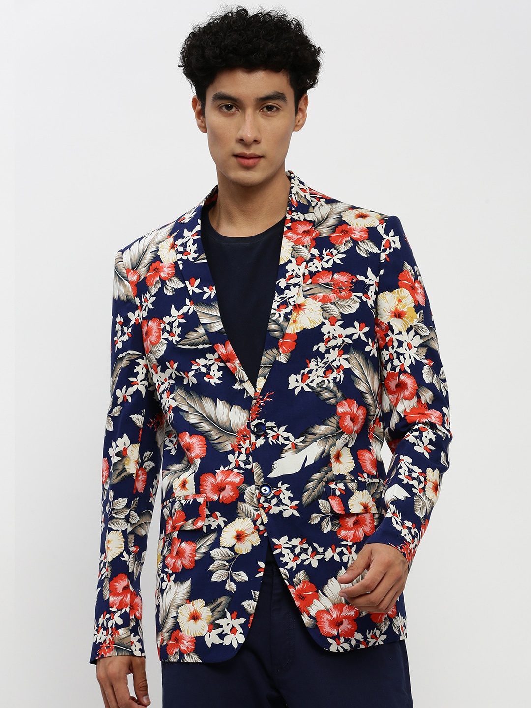 

SHOWOFF Floral Printed Single Breasted Slim Fit Blazer, Navy blue