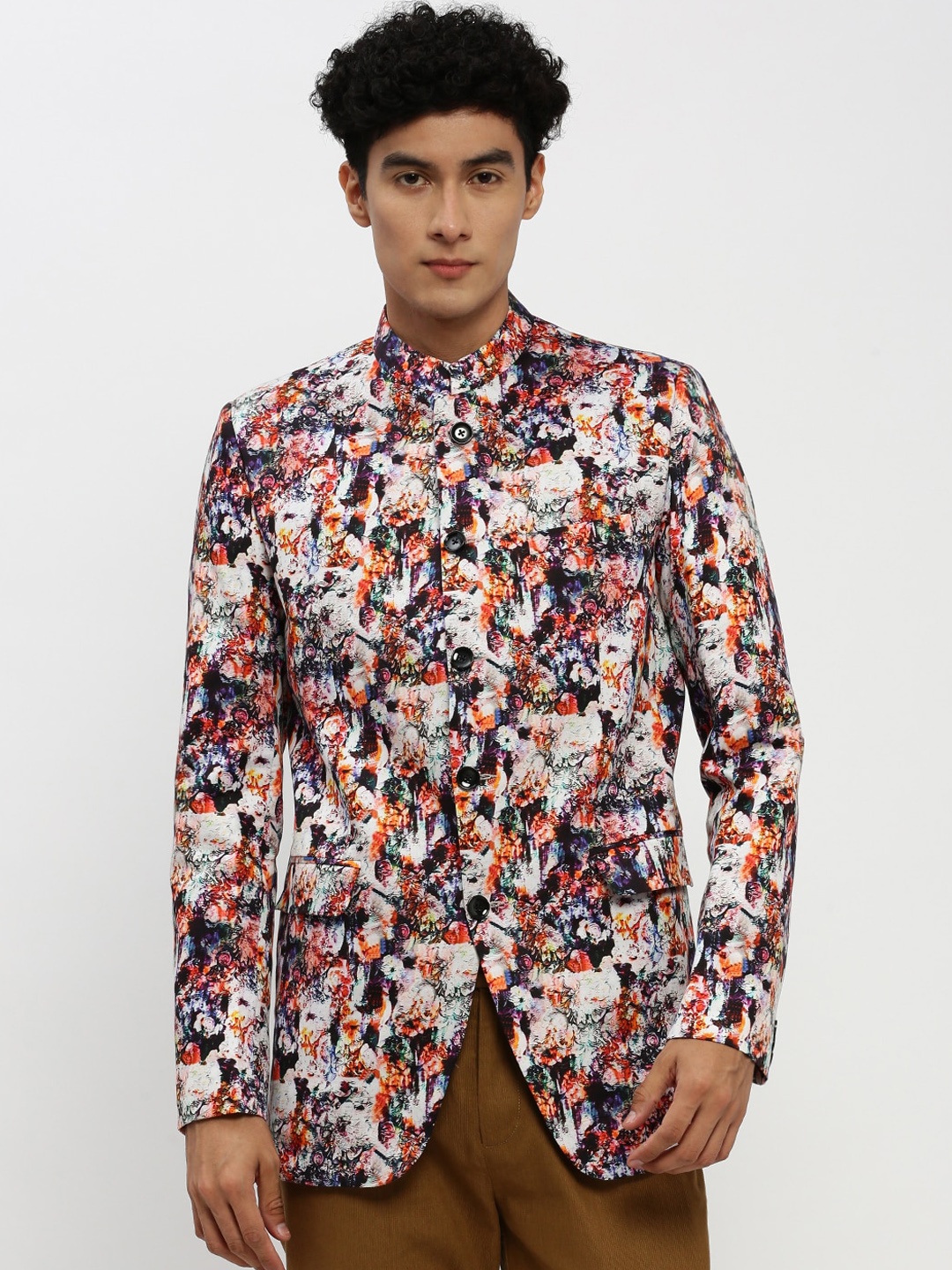

SHOWOFF Printed Bandhgala Slim Fit Blazer, White