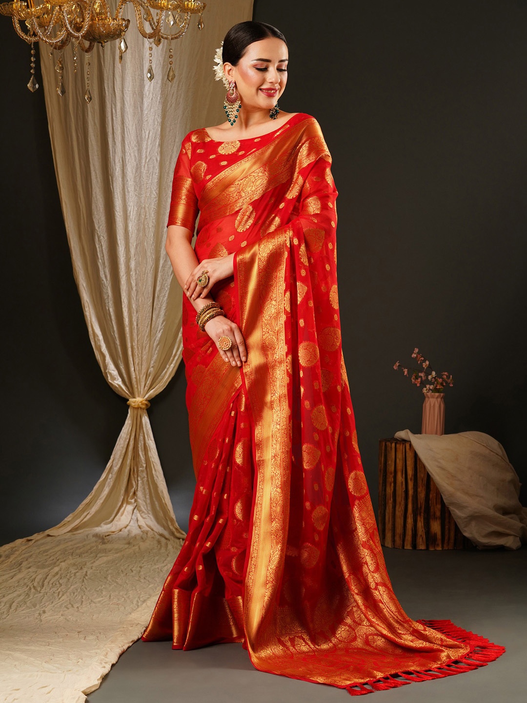 

Anouk Ethnic Motifs Woven Design Zari Pure Georgette Kanjeevaram Saree, Red