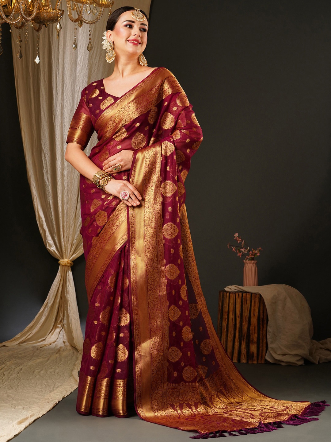 

Anouk Purple & Gold-Toned Ethnic Motifs Zari Pure Georgette Kanjeevaram Saree