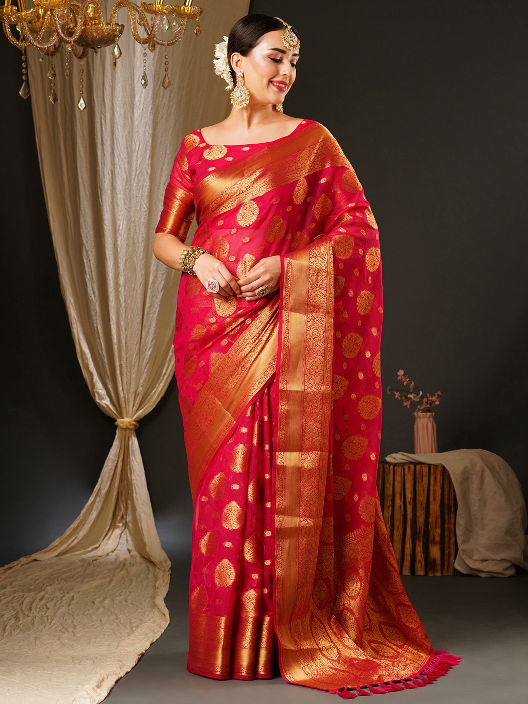 

Anouk Pink & Gold-Toned Ethnic Motifs Zari Pure Georgette Kanjeevaram Saree