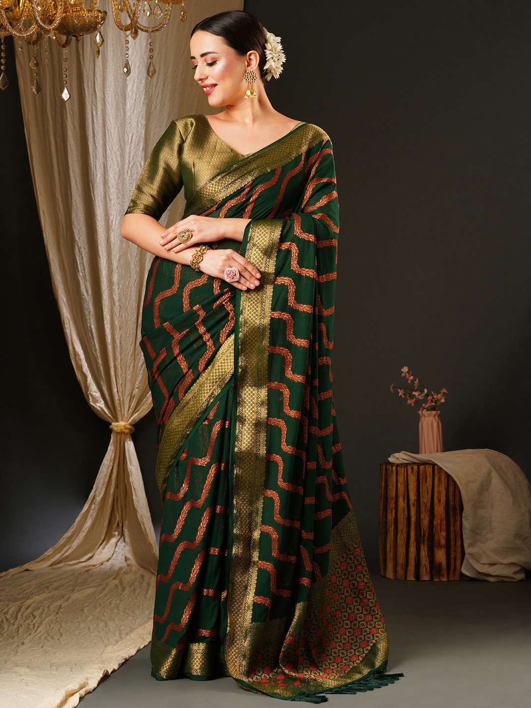 

Anouk Green & Red Woven Design Zari Pure Georgette Kanjeevaram Saree