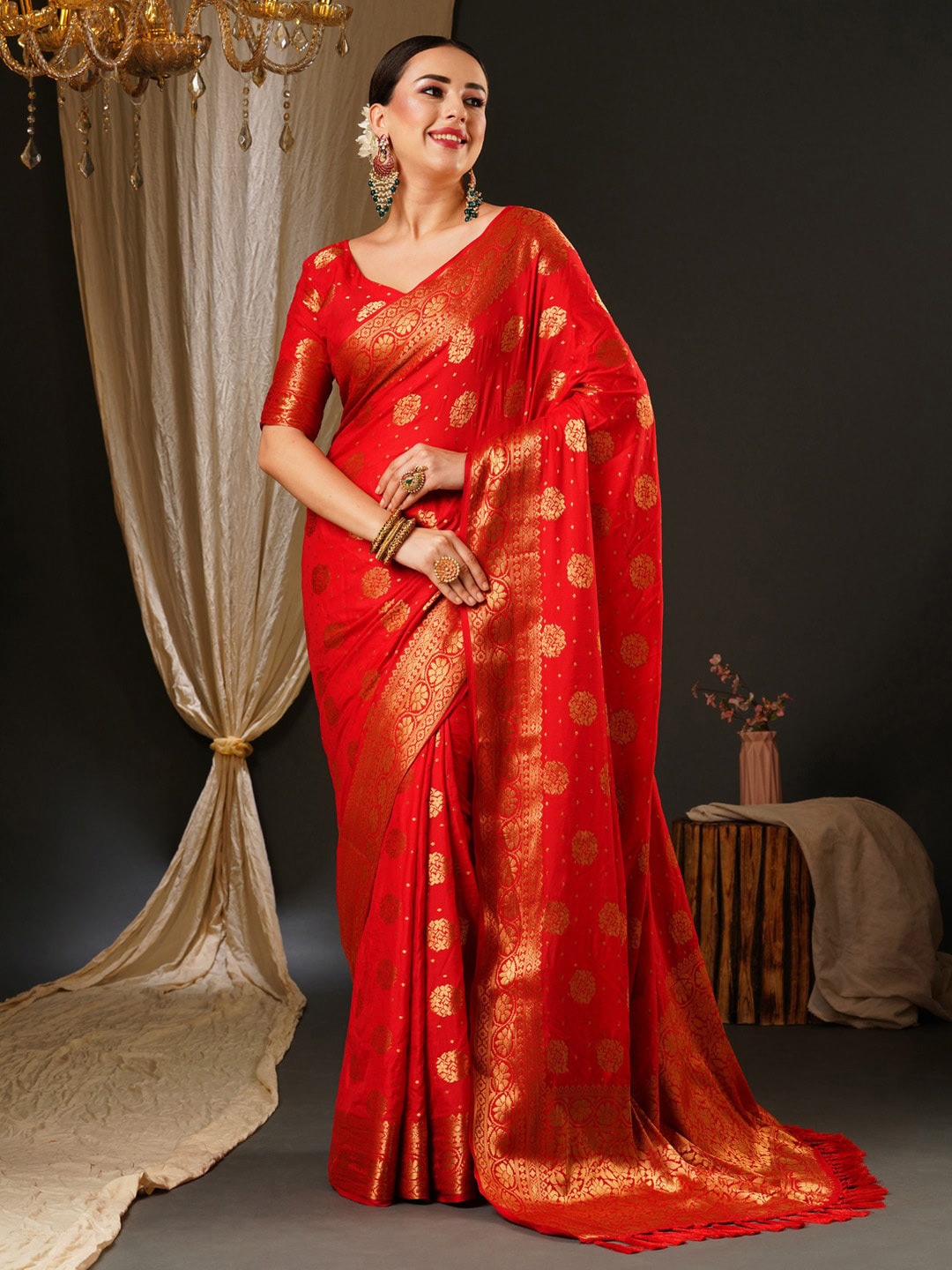 

Anouk Red & Gold-Toned Ethnic Motifs Zari Satin Banarasi Saree