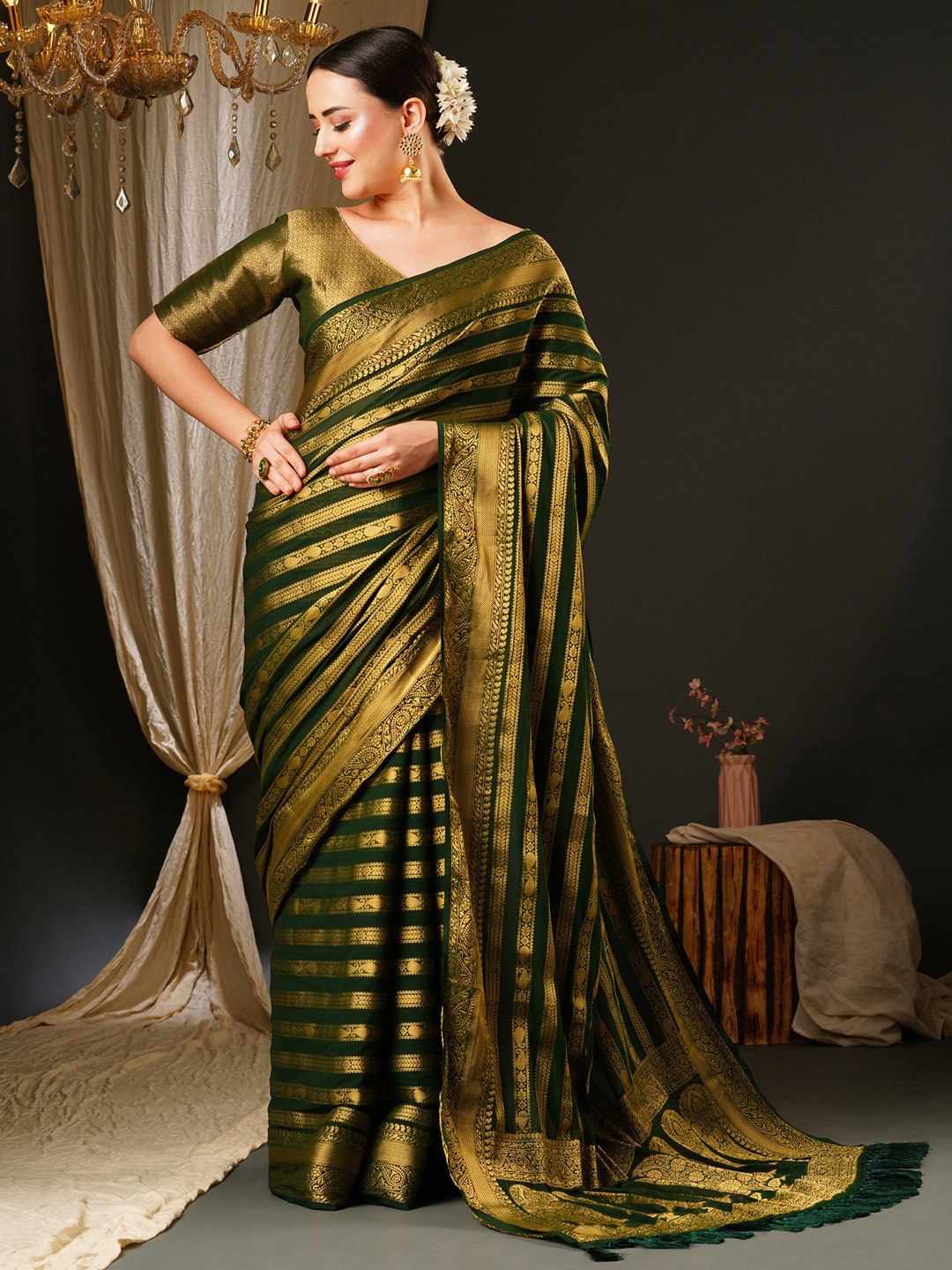 

Anouk Ethnic Motifs Woven Design Zari Pure Georgette Kanjeevaram Saree, Green