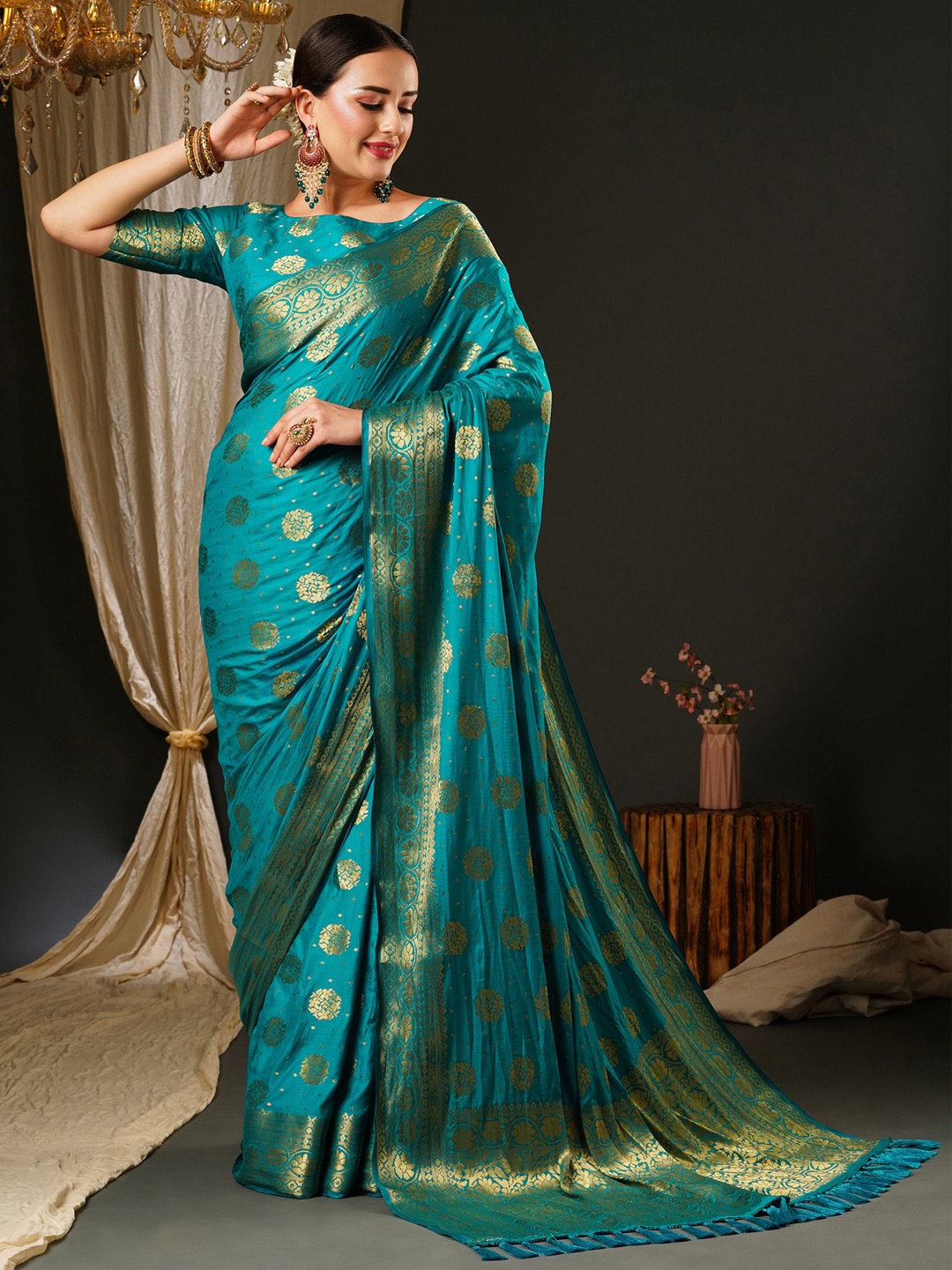 

Anouk Ethnic Motifs Woven Design Zari Satin Banarasi Saree, Blue