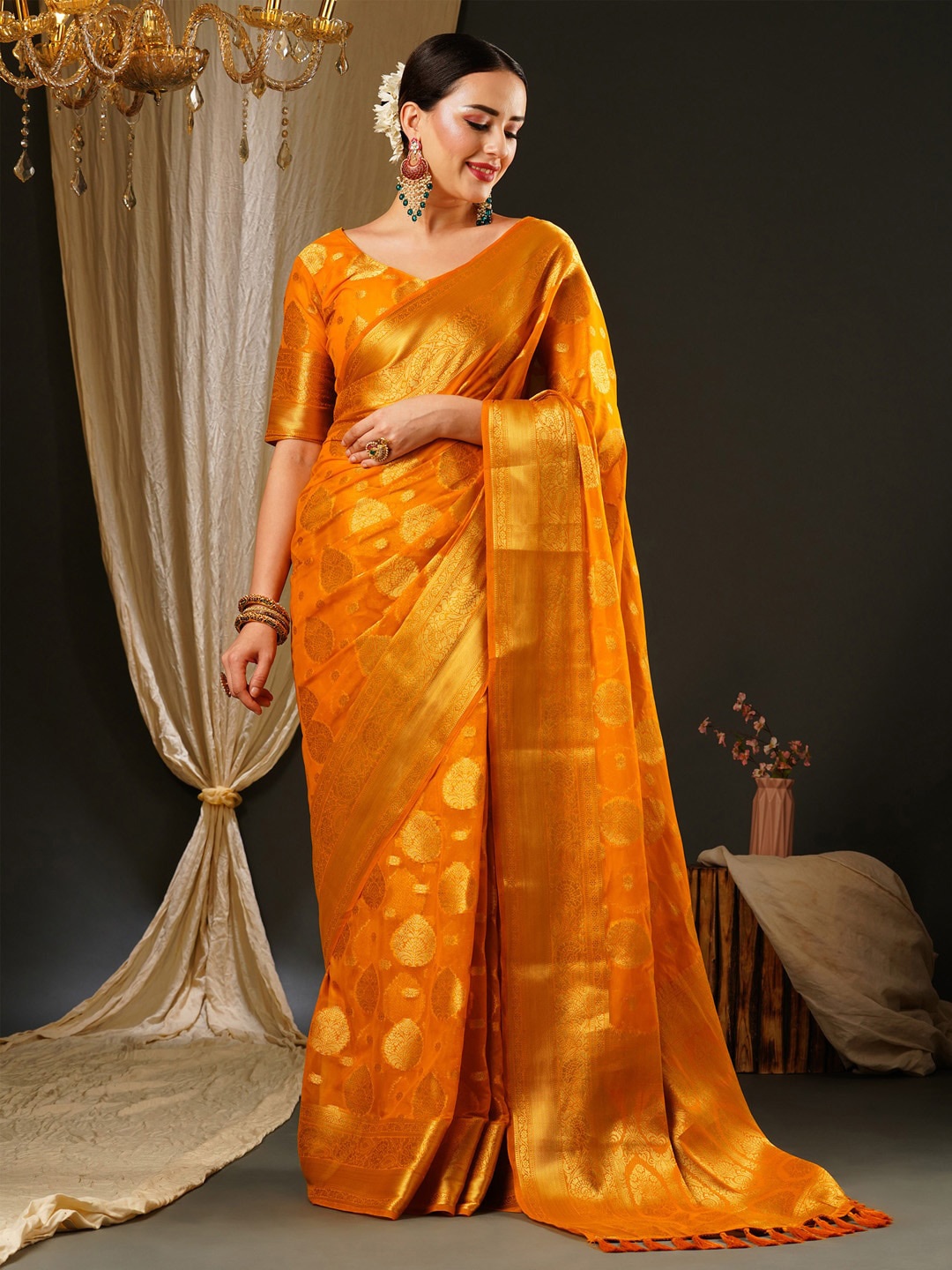 

Anouk Ethnic Motifs Woven Design Zari Pure Georgette Kanjeevaram Saree, Orange